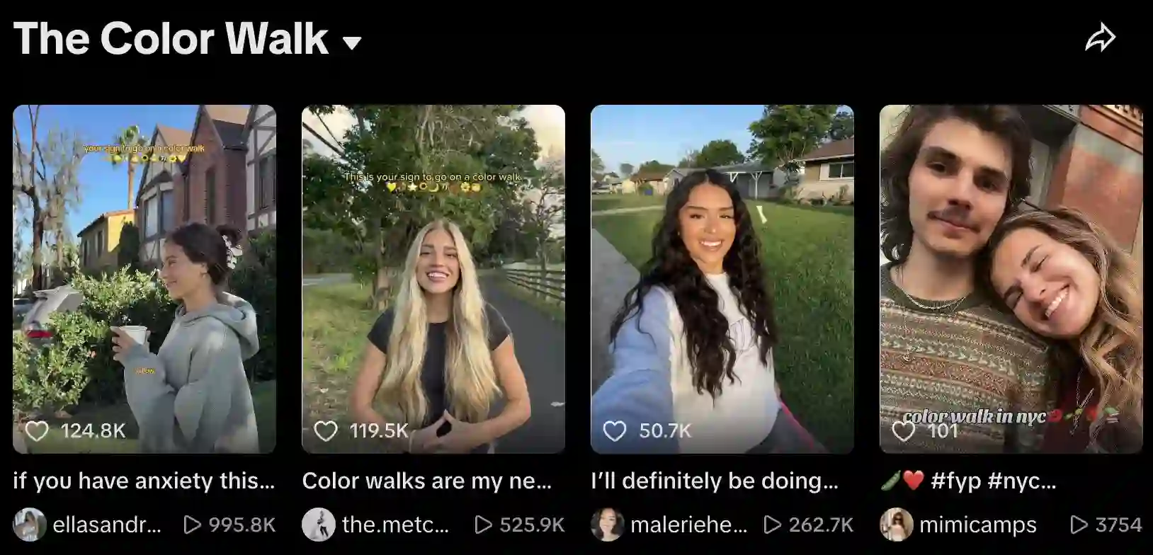 A TikTok search results page for 'The Color Walk,' showing multiple video thumbnails of creators participating in the trend, with high view counts and engagement metrics displayed